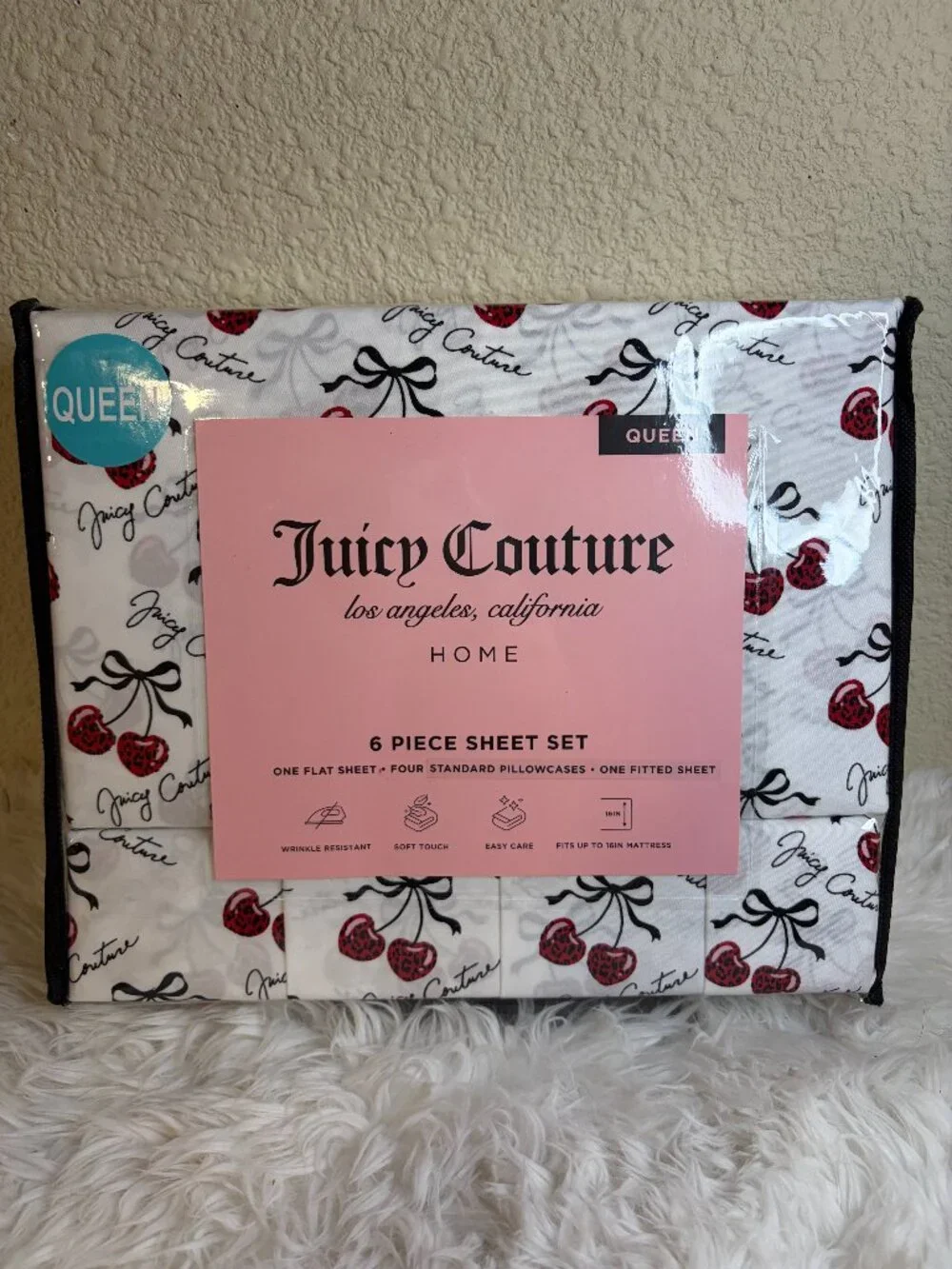 Juicy Couture Queen Cherry Bow Sheet Set 6 Pc White Black Pink NWT